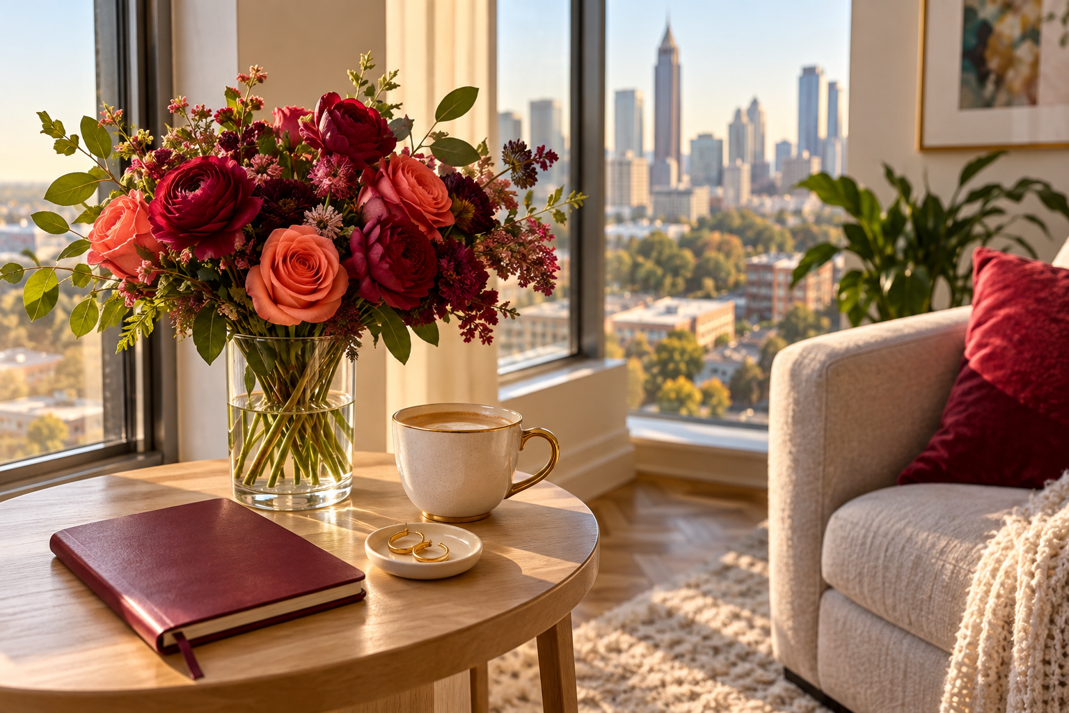 Bright flowers, coffee, and gold earrings in a sunlit Atlanta apartment