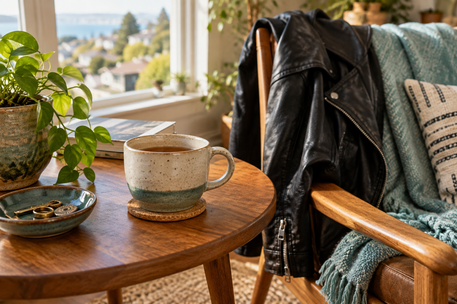 Tea on a midcentury wood table beside a casually draped black leather jacket